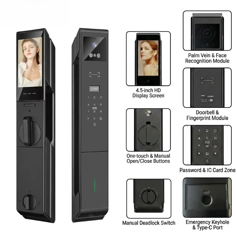 Luxury 3D Face Recognition Smart Lock Palm Vein Video Intercom High Security OEM ODM Direct Factory Price DS Series