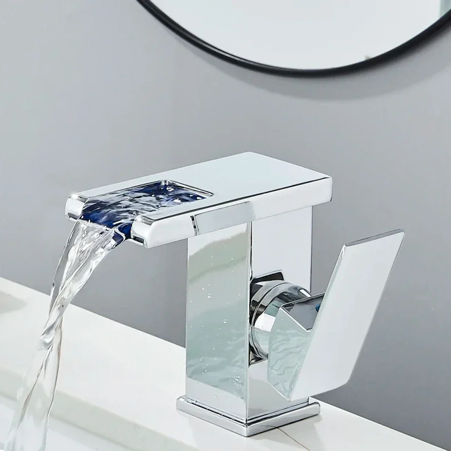 LED بالوعة الحمام صنبور النحاس شلال صنبور الحمام الأسود الساخن/البارد خلاط رافعة سطح الخيالة غسل بالوعة الصنابير مقبض واحد الحنفية #4