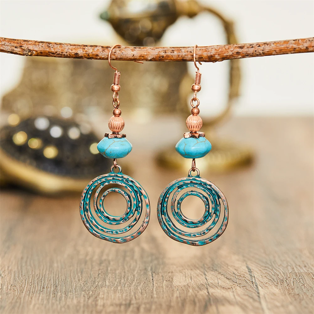 여성용 기하학 디스크 롱 댕글 귀걸이, 상감 천연석, 레트로 맞춤형 피어싱 귀걸이, 숙녀 액세서리