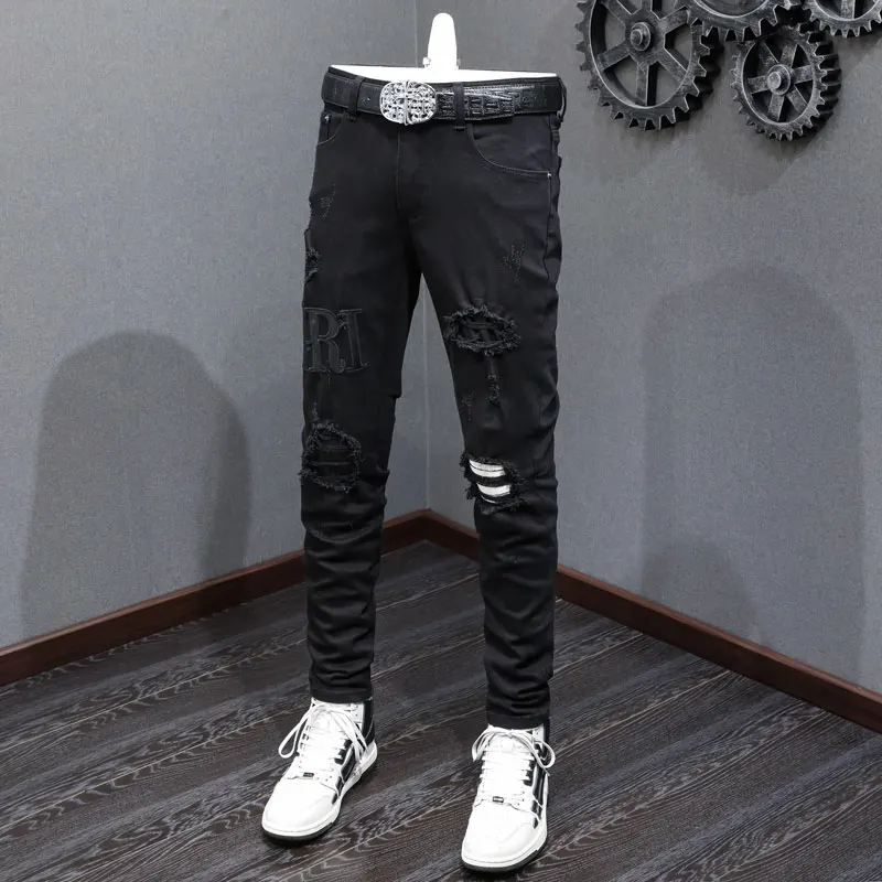 Fashion new men's black jeans stretch slim fit white patch jeans high street designer hip-hop brand pants hombre