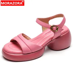 MORAZORA 2024 New Genuine Leather Slingbacks Women's Sandals Popular Ladies Buckle Shoes Thick High Heels Platform Sandals