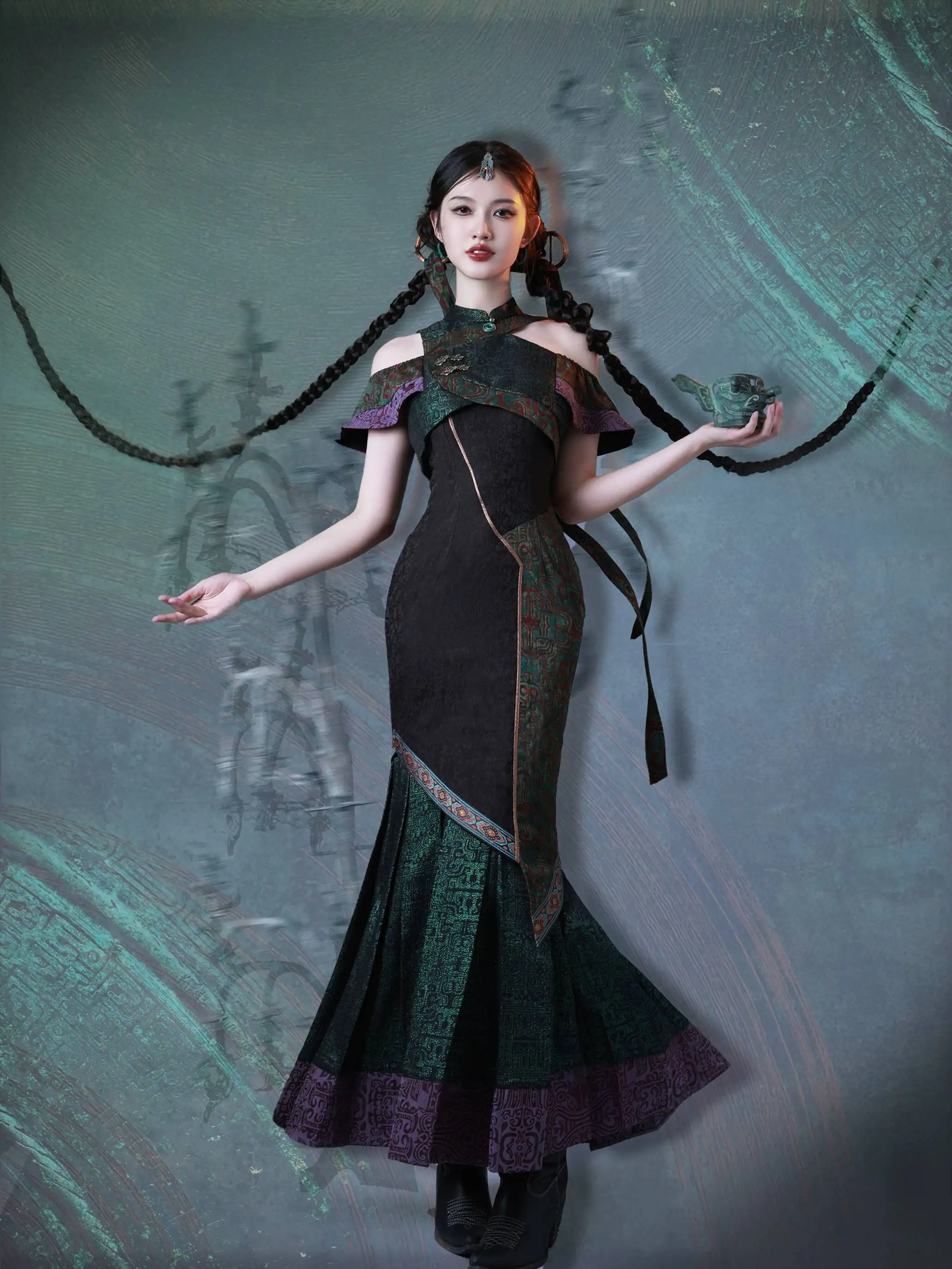 

New Chinese Style Intangible Cultural Heritage Sanxingdui Heavy Industry Ethnic Style Improve Cheongsam Pleated Long Skirt Women