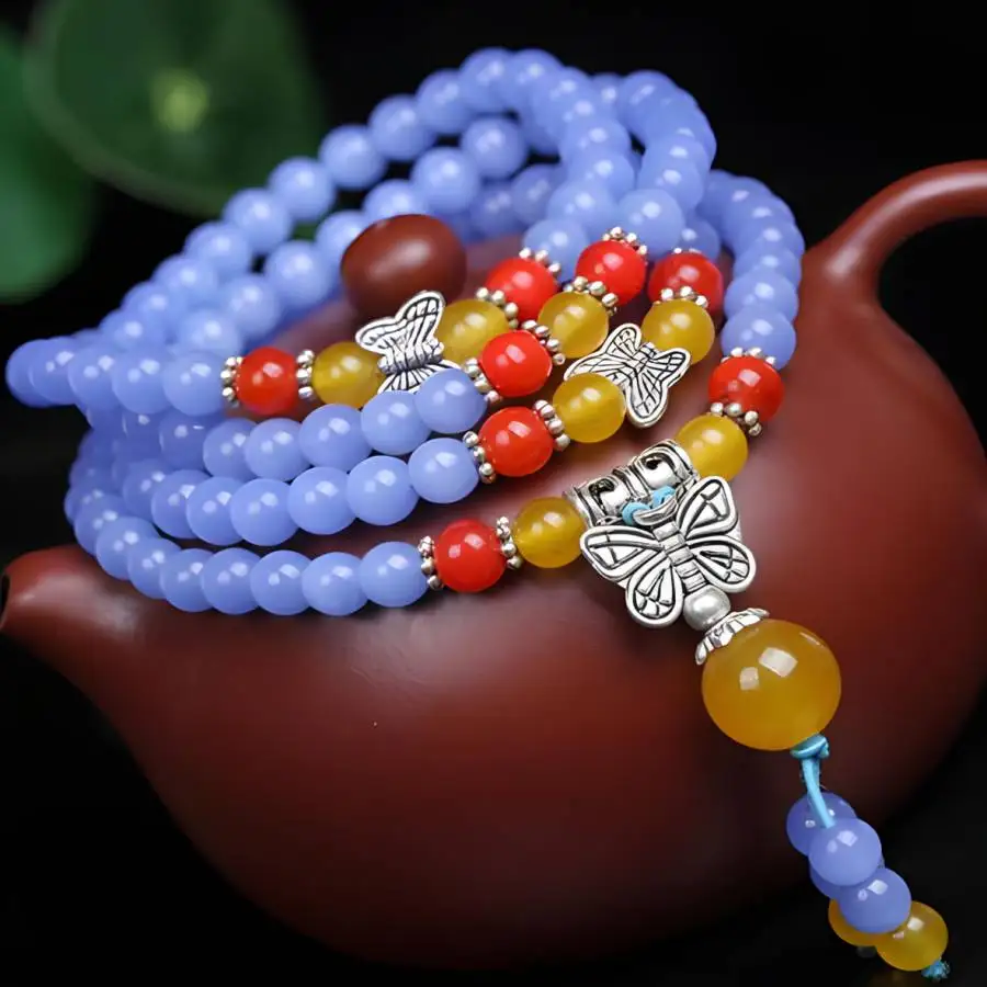 

6mm Blue jade bracelet Buddha Jewelry elastic Men's Bead Spiritual zazen Sacred Mala Bohemian tassel Tibetan Gemstone