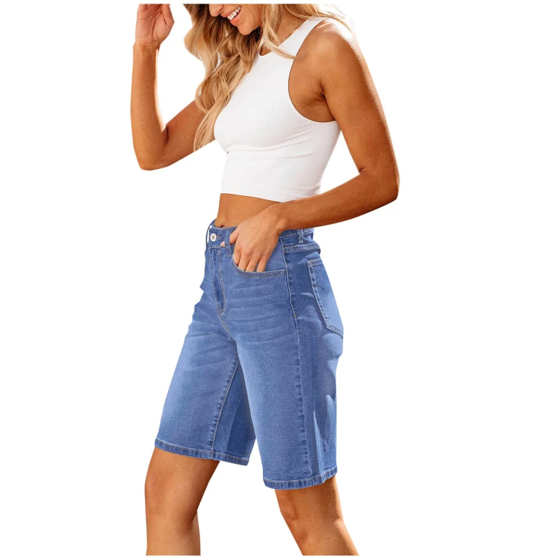 Woman Open Crotch Jeans Fashion Slim Knee Length Summer Blue Crotchless Hidden Zipper Leggings Skin Mini Pants Daily Clubwear