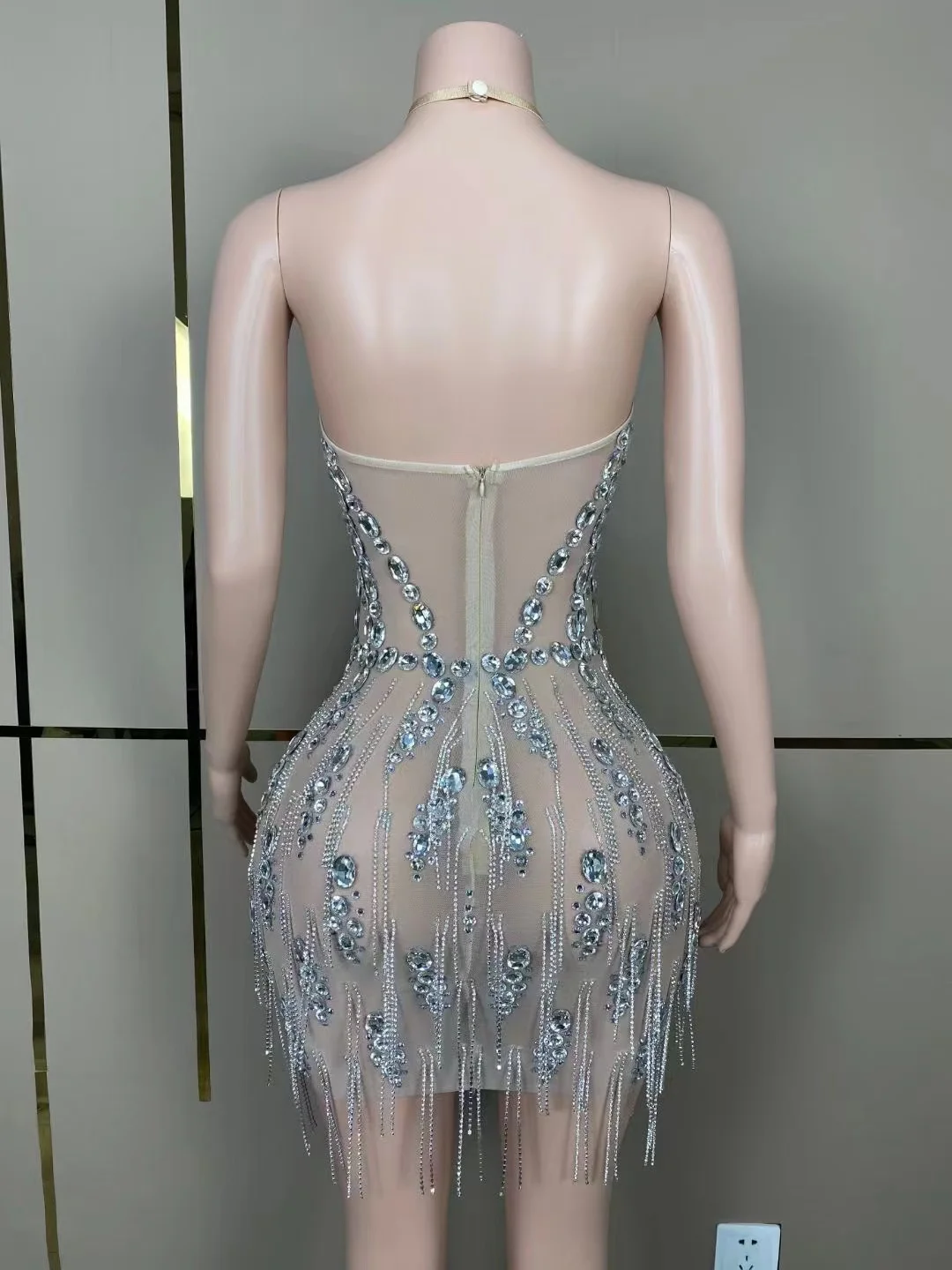 Robe de Soirée en Dentelle Transparente avec Glands Personnalisés, Tenue à Manches Courtes, Haute artificiel asticité, Paillettes, Sexy, Moulante, pour Spectacle sur Scène