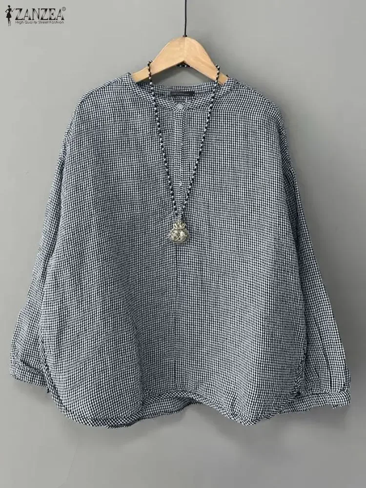ZANZEA 가을 여성 체크 블라우스 긴 소매 체크무늬 셔츠 2025 패션 O넥 캐주얼 우아한 오피스 스트리트웨어 블루사 페미니나