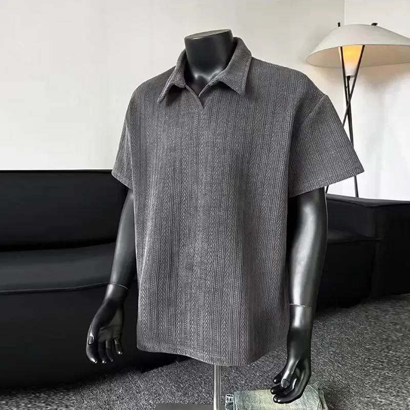 

Men Short Sleeve Polo Shirt Herringbone Rib Knit Oversized Casual Top