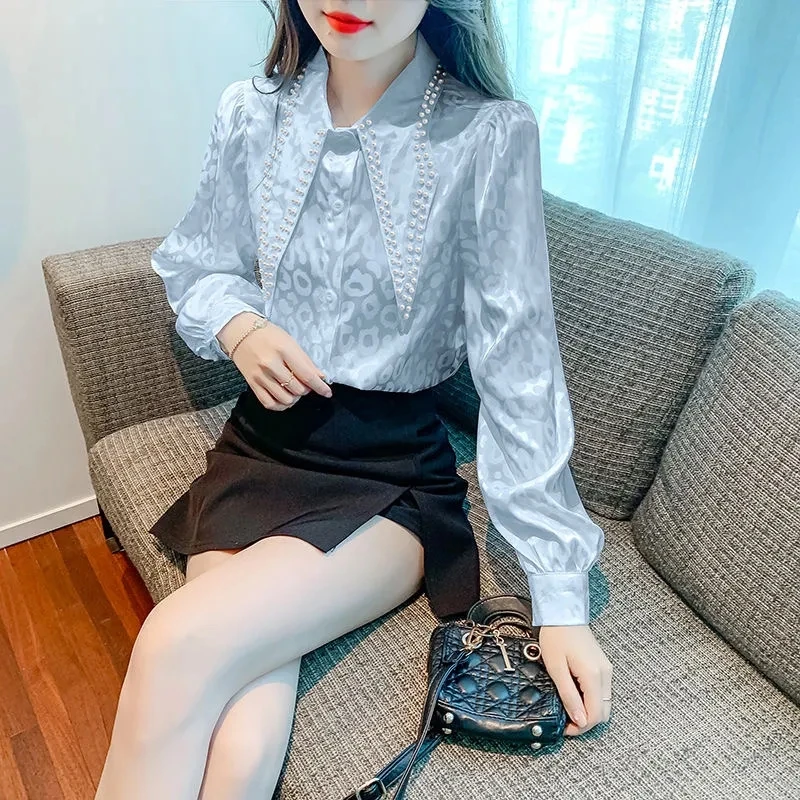 

2024, весна-лето, шикарная рубашка, женская одежда, модная свободная леопардовая жаккардовая рубашка с ромбовидными лацканами и пышными рукавами, женские топы