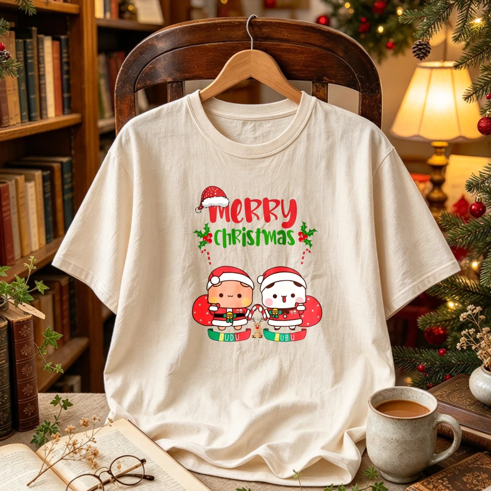 BUBU DUDU Merry Christmas Graphic T Shirt Cute Cartoon Bubu Dudu Santa Suit Gift Bag Holly Crew Neck Xmas Holiday Casual Tees