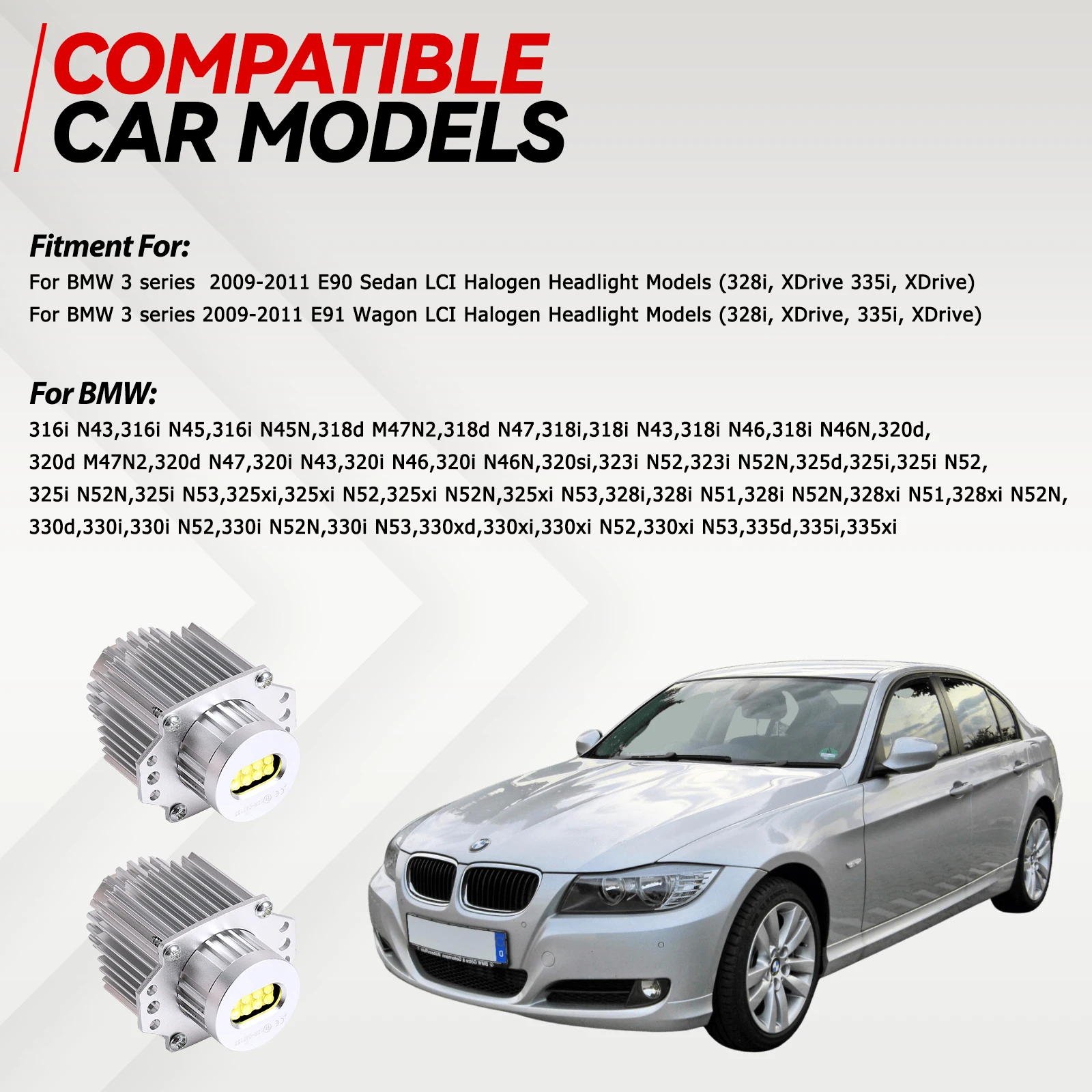 2x For BMW E90 E91 328i 335d 335i 120 W LED Angel Eyes Halo Ring Light 2000LM Bulb HID Xenon White LED Headlight Parking Light