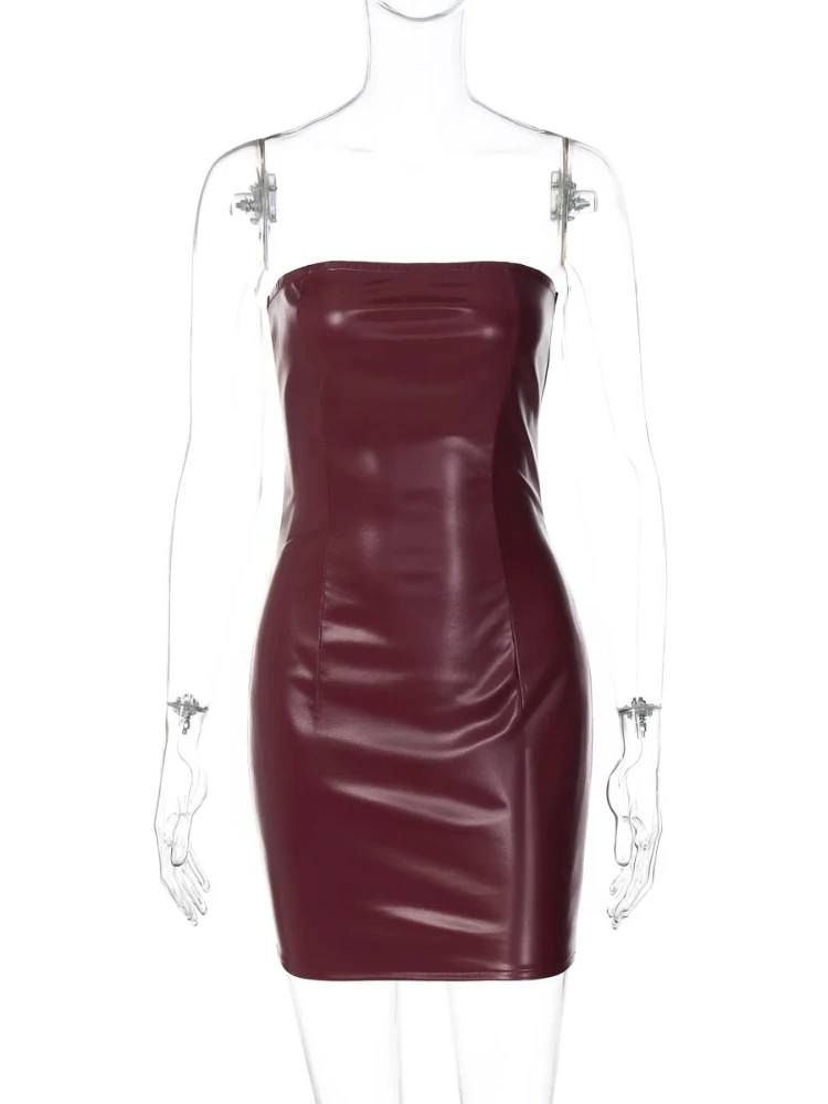 Womens Dresses 2025 Autumn Strapless Off Shoulder PU Leather Dress Female Sexy Backless Bodycon Solid Party Night Club Outfit