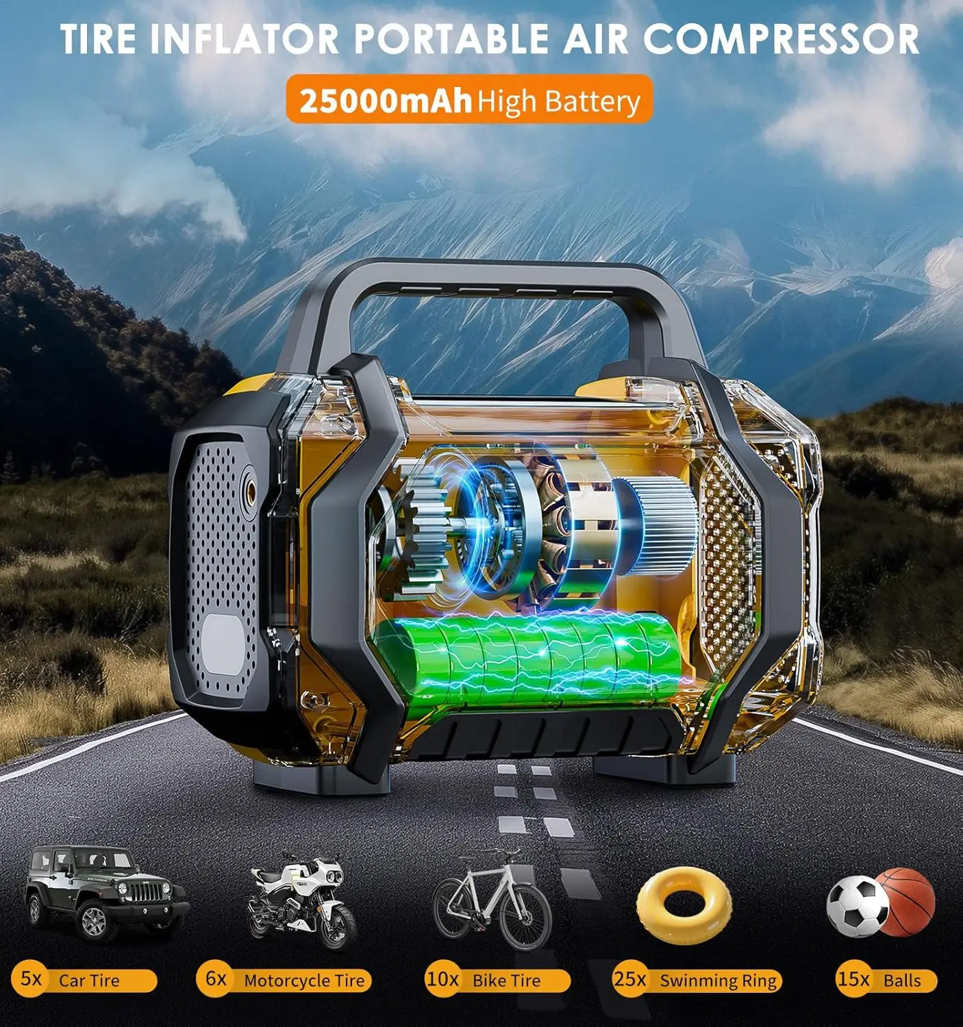Compresor de Aire Portátil de 12V con Manómetro Digital, Pantalla LCD, Apagado Automático, Luz LED, Bomba de Aire Eléctrica para Coche, Motocicleta, Bicicleta, Balón, Inflado de Neumáticos de Emergencia