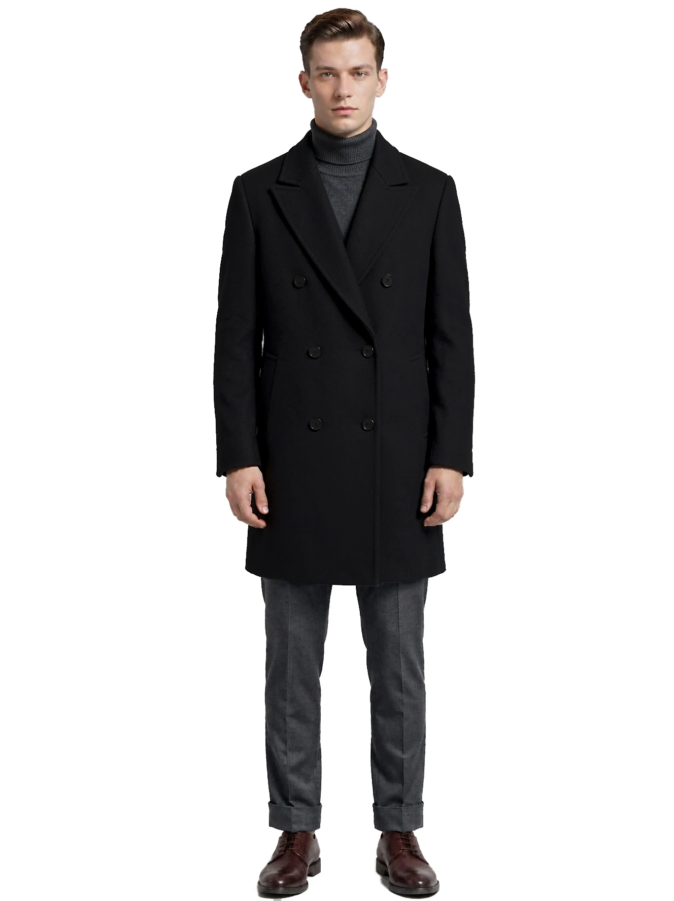 2027 NEW Tailor Made 100% Wool Medium Length Coat Black Rich Twill Design Spring Autumn Winter Overcoat Men Long Coats For Men