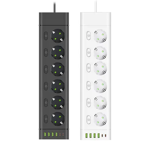 EU Plug Power Strip Multiple Independent Control Outlet Sockets 2m Extension Cord Electrical Socket with 4 USB 2 Type-C Ports