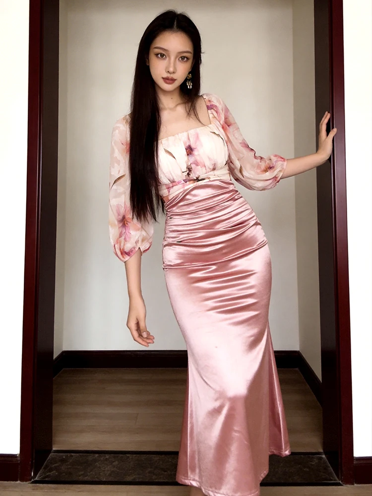 Summer Elegant Pink Floral Square Neck Midi Dress Chiffon Satin High Waist Bodycon Vestido Robe Formal Cocktail Party Gown Daily view 4