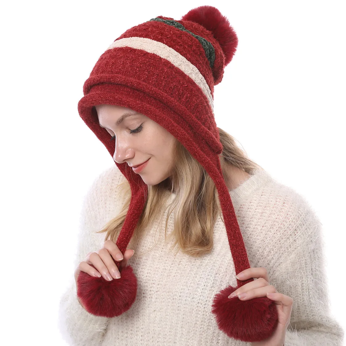 Woolen Hat new Fall and Winter Women\'sPadded Thickened Warm Cold Protective Ear Chenille Soft Knitted Hat