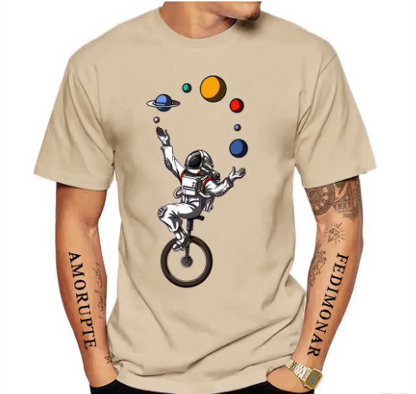 

Funky Astronaut on Unicycle Juggling Planets Cotton Tee Cool Graphic Design Perfect for Casual Outfits New Arrival Tee S-4XL