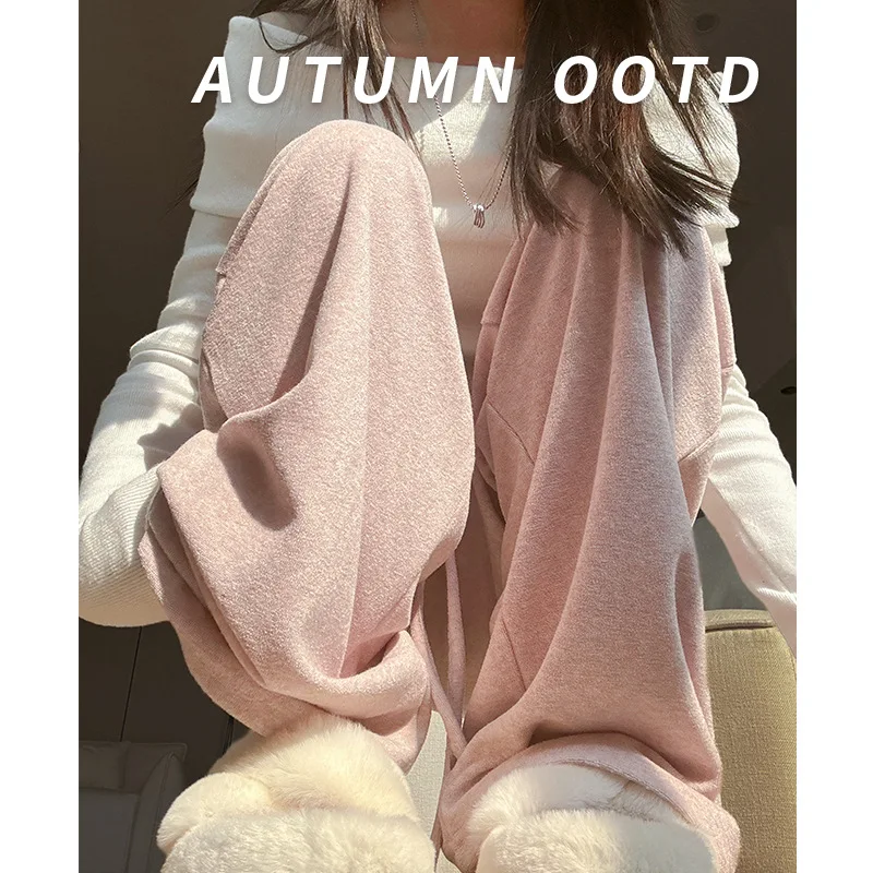 

Розовые мягкие брюки-полотенца для женщин, весна 20225, утягивающие ленивые повседневные брюки, прямые широкие брюки длиной до пола