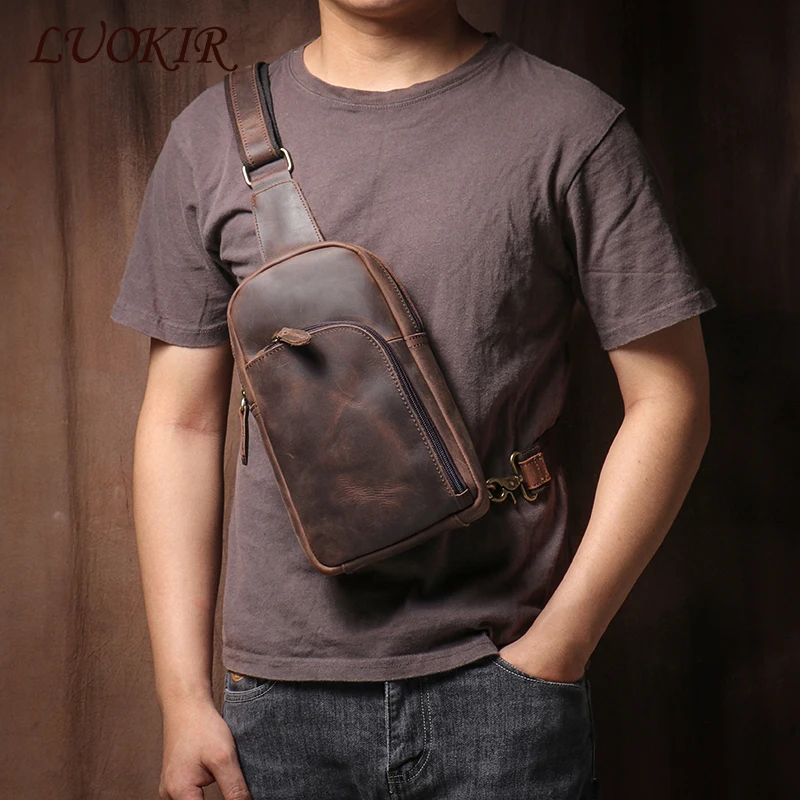 LUOKIR Vintage Crazy Horse Chest Bag Genuine Leather Sling Shoulder Bag High Quality Sports Backpack Messenger Crossbody Bags