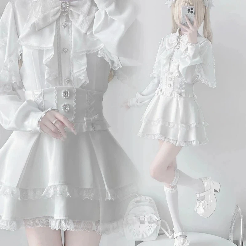 

Японские комплекты из 2 предметов, женская кружевная лоскутная блузка с милым бантом, облегающая блузка + юбки трапециевидной формы с высокой талией и рюшами Y2k Aesthetic Outfits