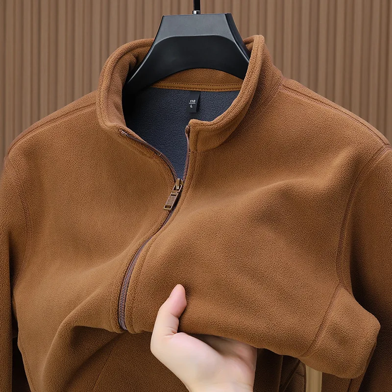 Men's Outdoor Polar Fleece Jacket Long Sleeve Autumn Winter New Collection Warm Leisure Stand Collar Cardigan Solid Color Jacket