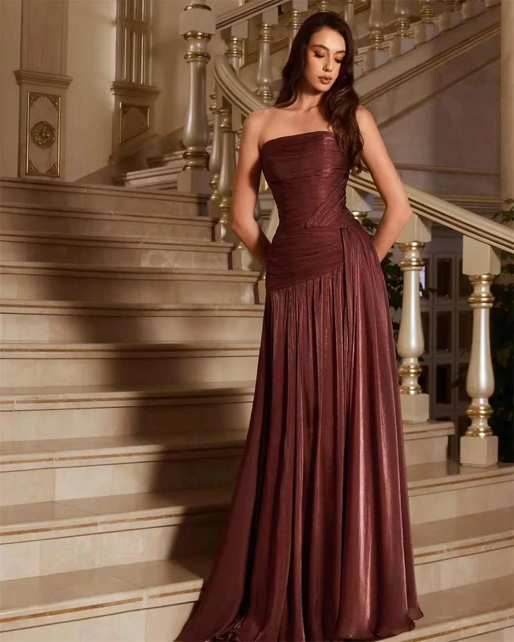 Ladies Strapless Floor Length Dresses Pleated Design Formal Evening Gown Long Dresses For Women For Wedding Party Guest Outfit - view 3