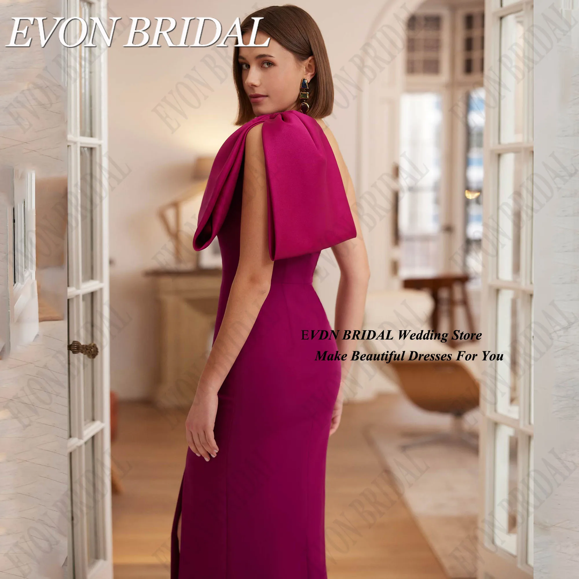 EVON เจ้าสาว Elegant ชุดราตรียาวหนึ่งไหล่ด้านข้าง Slit ความยาวชุดราตรี Mermaid ซาตินโบว์ FBساتة ที่กําหนดเอง