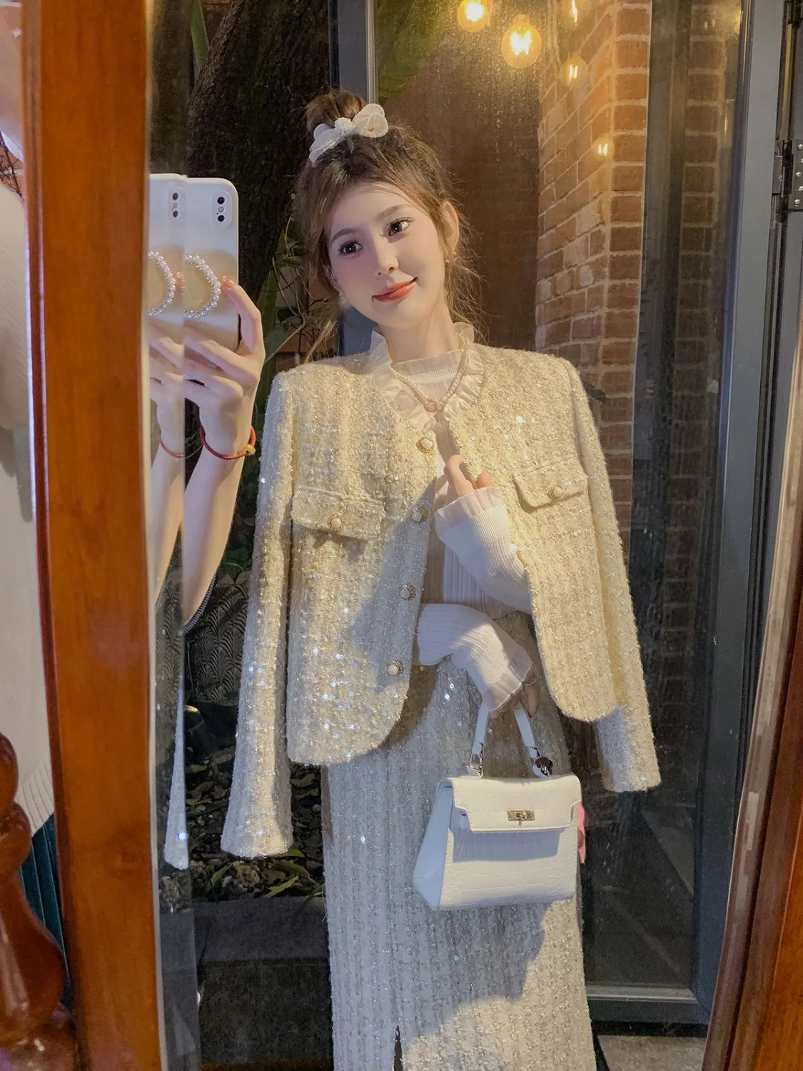 Women Sparkling Woolen Tweed Sequined Blazers Coat Beading Suits Jacket OL Lace Patchwork O-Neck Collar Cardigan Spring Tops