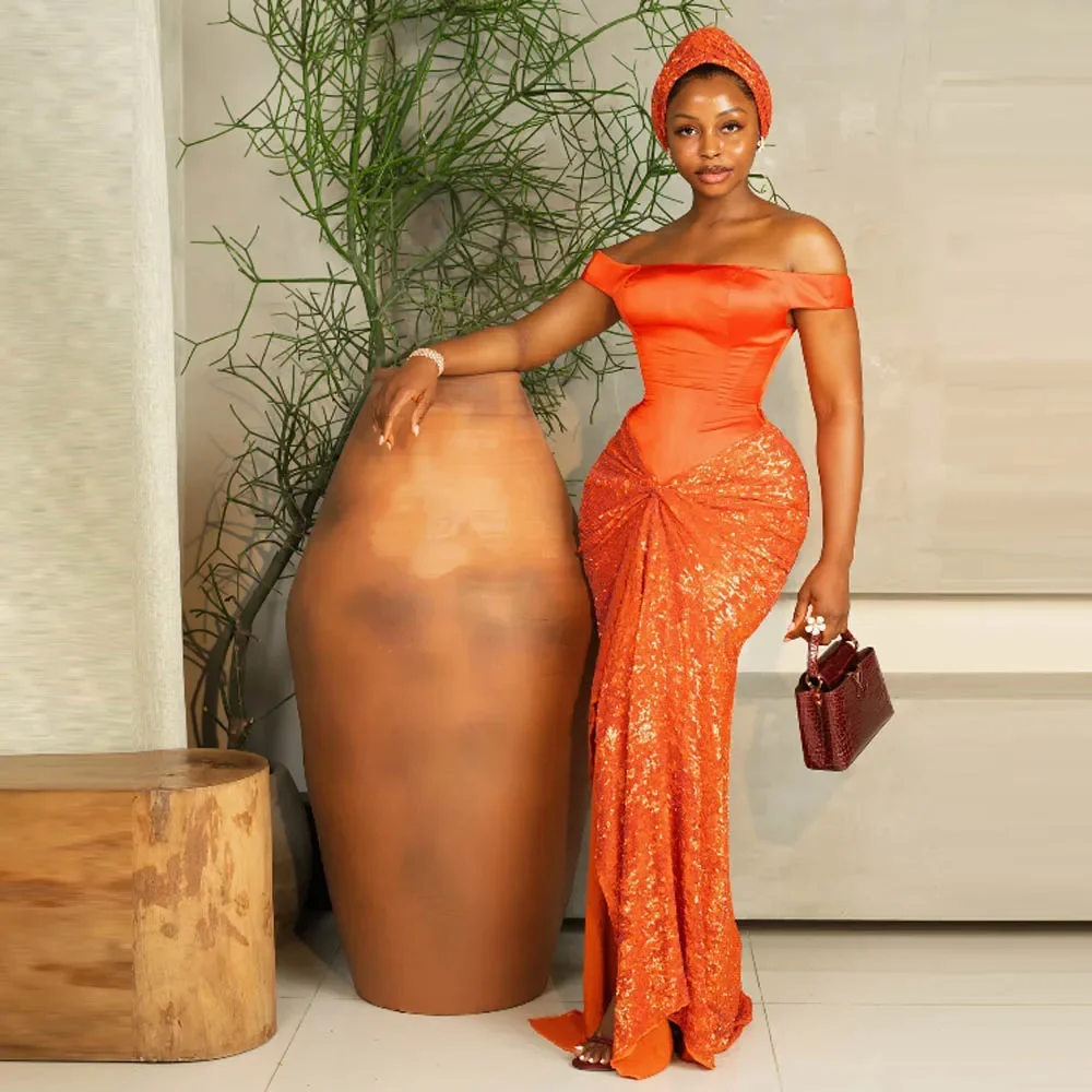 

2025 Orange Sequins Off-The-Shoulder Prom Dress Mermaid Style Front Slit Evening Gown for Women Party Dance Wear