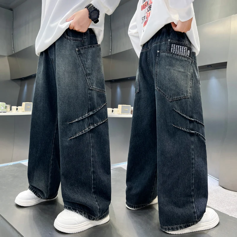

2025 New Autumn Teens Children Handsome Straight Leg Jeans for Boys Loose Wide-leg Pants Kids Stylish Trendy Trousers 5-14 Y