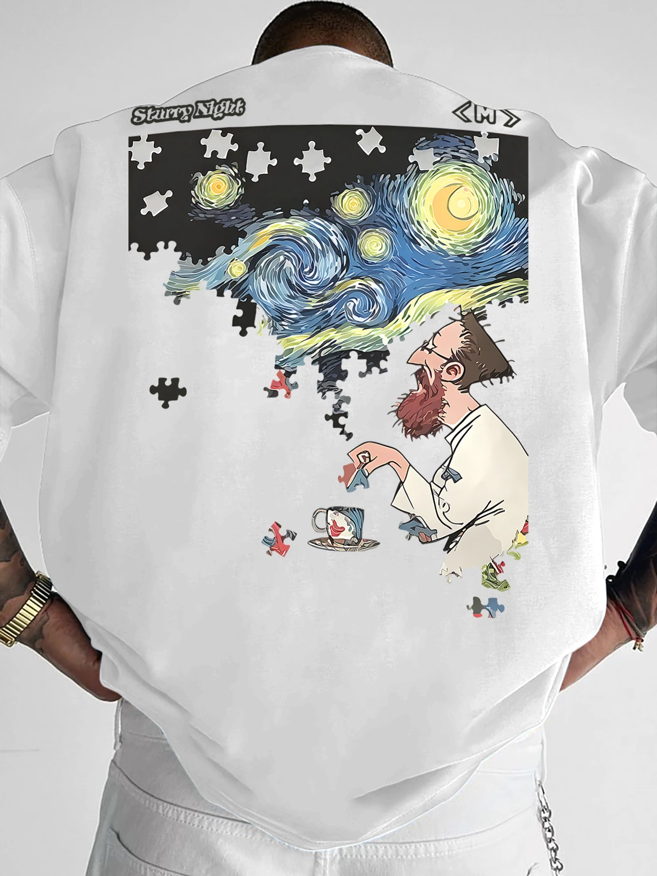 Men's Starry Night Puzzle T-Shirt Van Gogh Art & Cartoon Print Streetwear Crew Neck Short Sleeve Polyester Casual Tops S-XXL