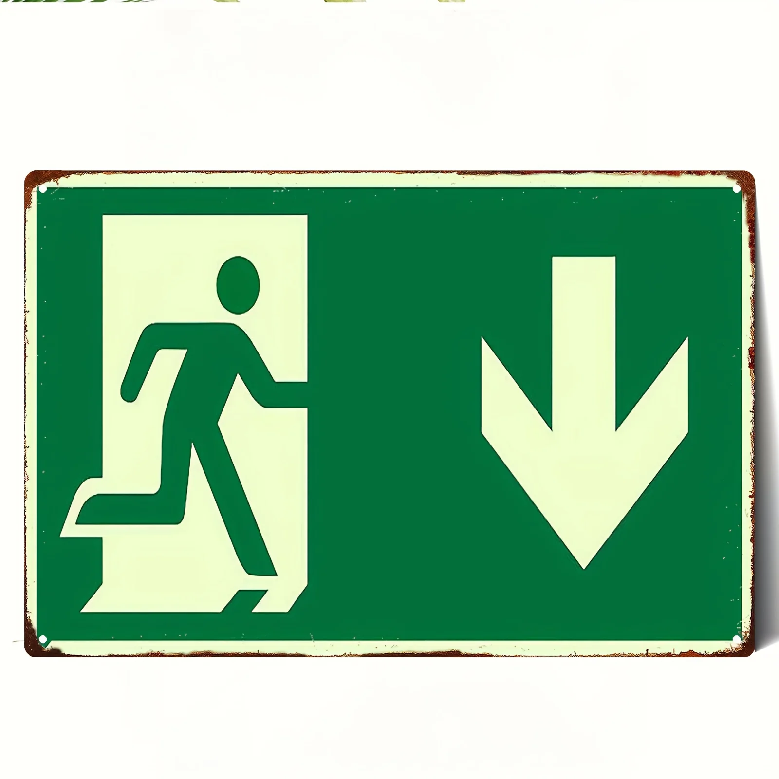 Panneau en métal vintage 2D |   Peinture avec un symbole vert de sortie de secours, adaptée aux salons, aux chambres à coucher et aux jardins