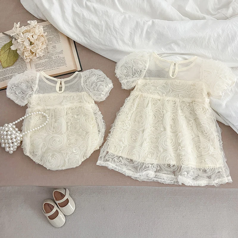 New Summer Infant Clothes Sister Look 2024 Sister Embroidery Baby Girl Petal Collar Romper Elegant Princess Birthday Party Dress