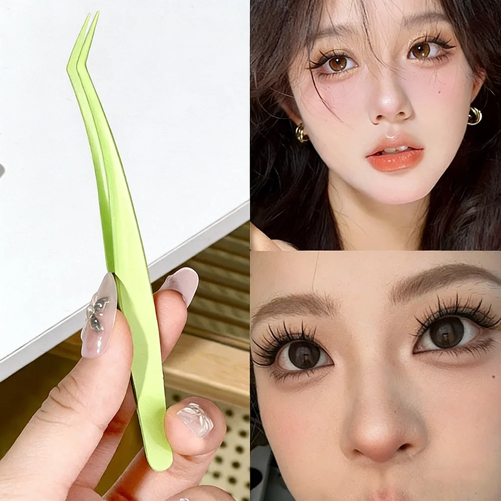 Kosmetische Clips Superharte Edelstahlpinzette Gepfropfte Wimpernpinzette Grüne Pinzette für falsche Wimpern für den Schönheitssalon