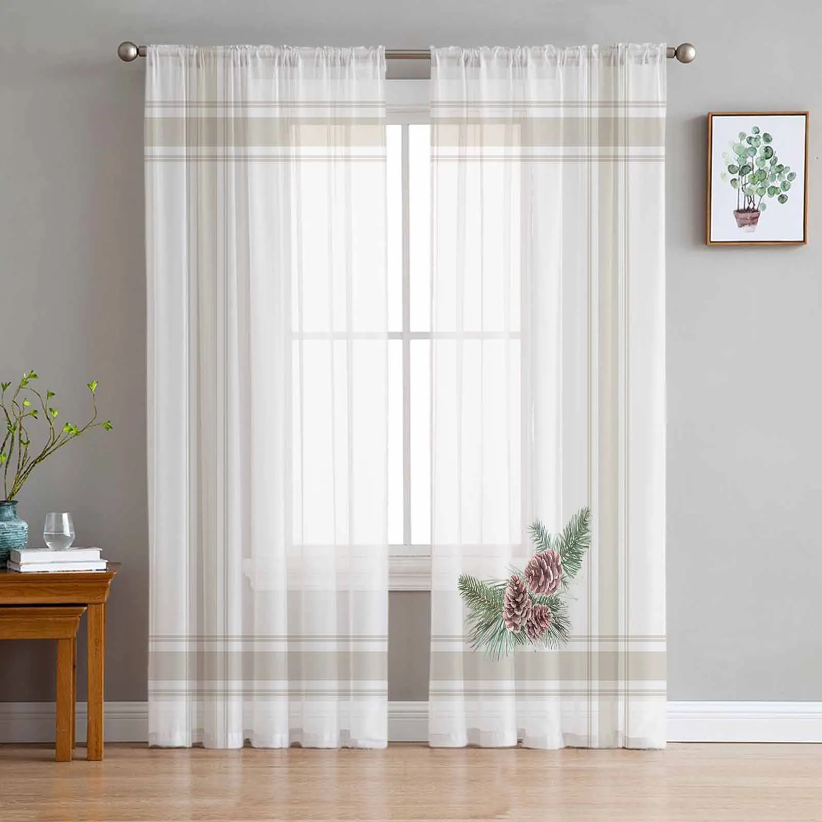 

Country Pine Branches Stripes Sheer Tulle Window Curtains for Living Room Bedroom Kitchen Treatments Panel Drapes