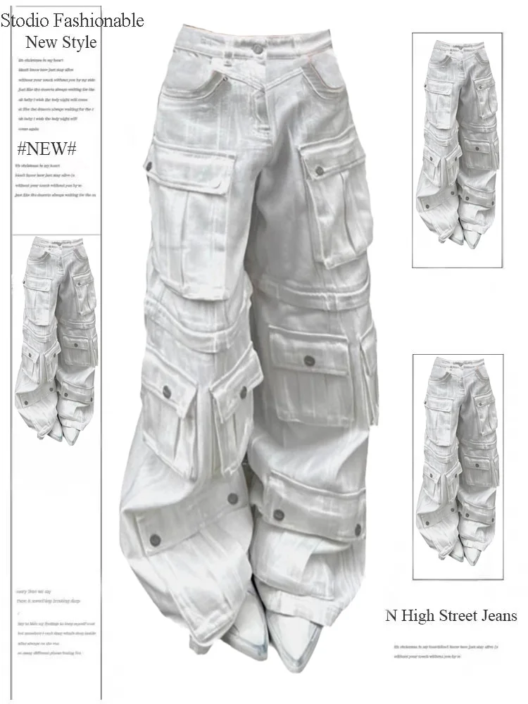 

White Women's Jeans Hip-hop Fashion Vintage Streetwear Y2K Wide Leg Straight Jean High Waist Trouser Classic Baggy Denim Pants