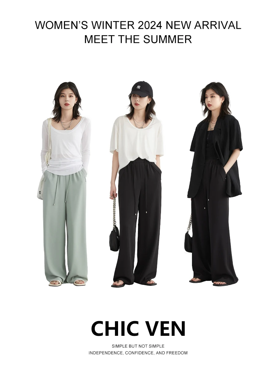 CHIC VEN Women Pants Loose New Elastic High Waisted Wide Leg Pant Sun Protection Cool Casual Female Trousers Summer 2024