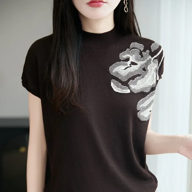 

Women's Elegant Floral Embroidery Mock Neck Short Sleeve Knit Top Merino Wool Slim Fit