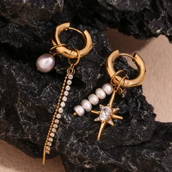 E.B.belle Asymmetric Freshwater Pearl Zircon Octagonal Star Chain Earrings 18K Gold Plated 316L Stainless Steel Decoration