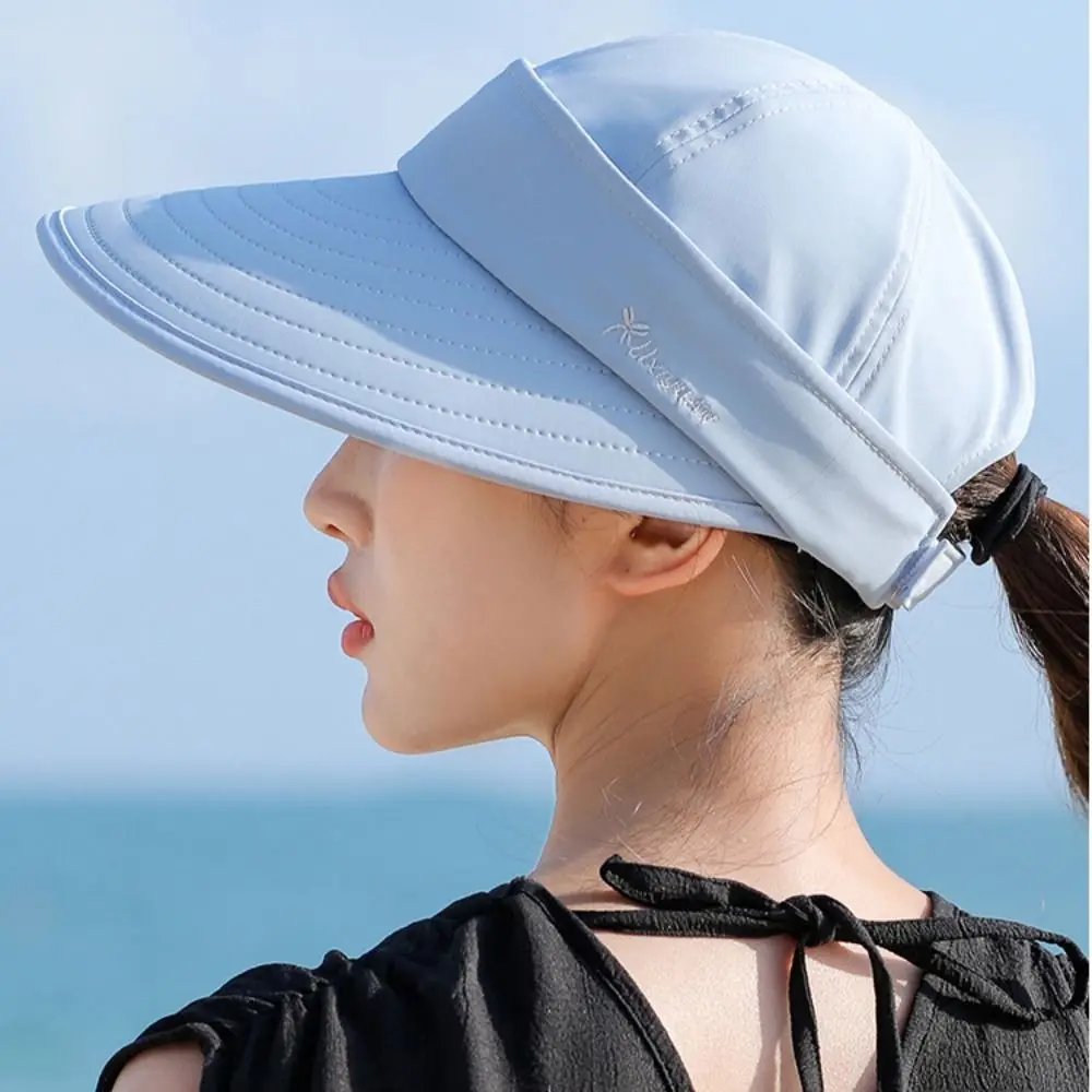 Casual Wide Brim Women Summer Sun Hat UV Protection Foldable Empty Top Ponytail Cap Detachable Adjustable Beach Cap