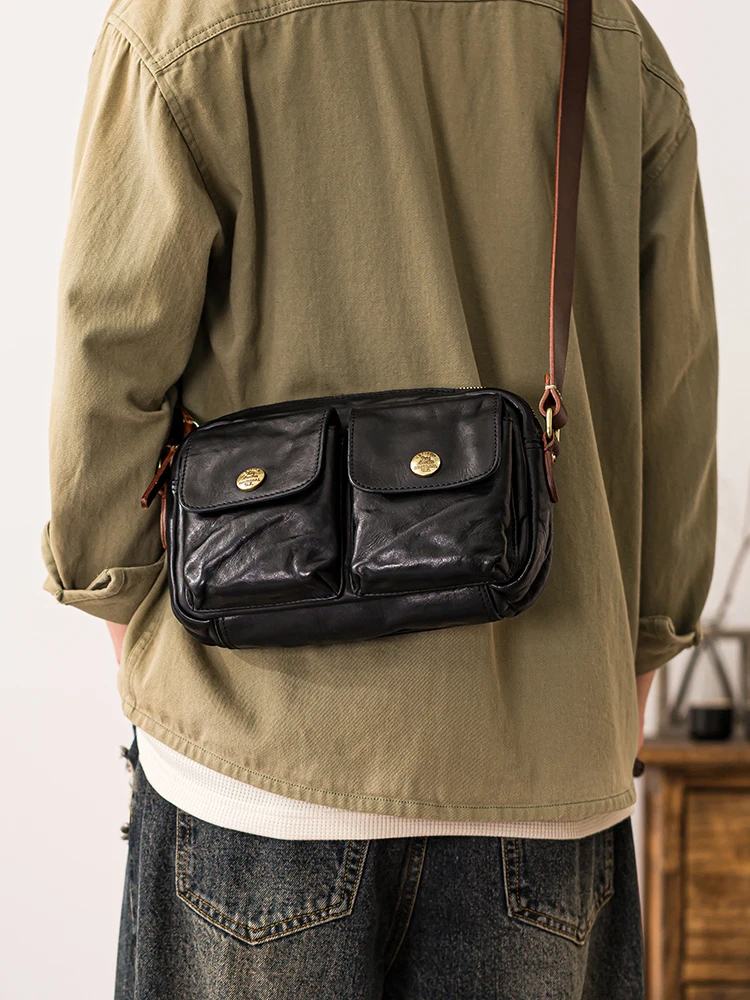 casual handmade vegetable tanned leather men's multi-pocket shoulder bag fashion weekend party genuine leather crossbody bag