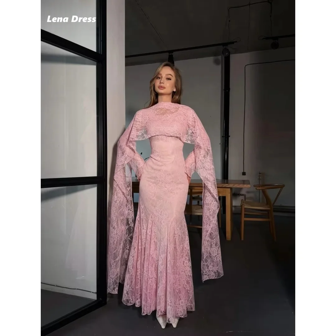 

Lena Customized Formal & Evening Gowns Shawl Dubai Evening Dresses Luxury Women's Elegant Party Dress Embroidered Lace Pink Prom