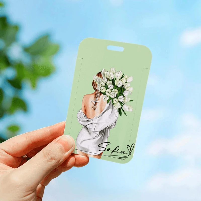 Girl with Flowers Student Card Case Women Badge Holder Keychain Bank Identity Bus ID Card Sleeve Case Transparent Card Holder