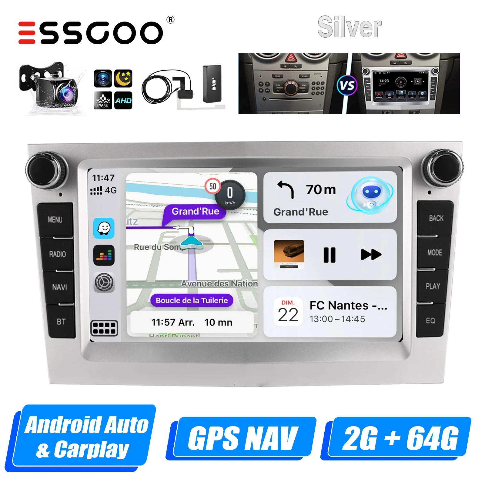 ESSGOO Android 14 4 + 64G CarPlay autoradio voor Opel/Vauxhall Astra G H Corsa C D Vectra Android Auto GPS NAV DAB + Zilver