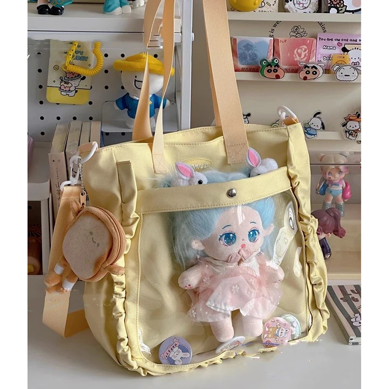 HAEX Lolita Women Tote Bags Fashion Students Transparent Badge Doll Shoulder Bags Large Capacity Commute Ruched Messenger Bolso