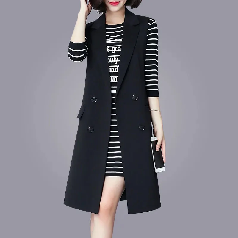 

New Women's Mid-Length Waistcoat Korean Spring Autumn Sleeveless Jacket Trend Female Casual Black Vest Outerwear Double Breasted