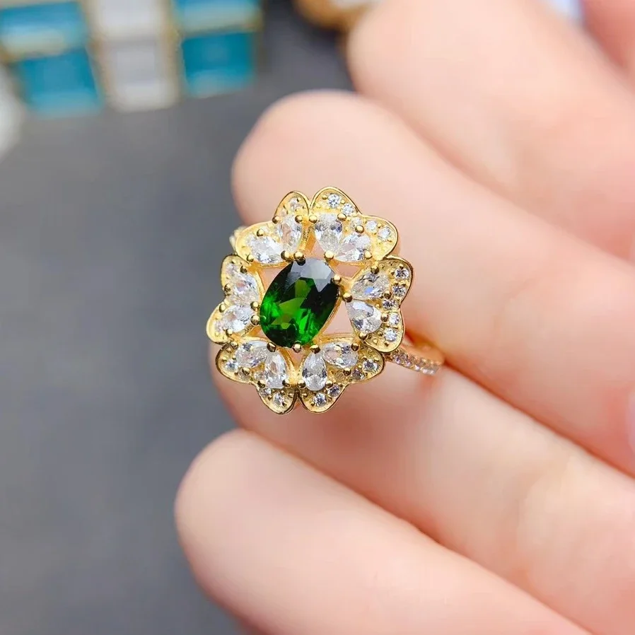 

Deep Green Diopside Ring 5*7mm 0.7ct Natural Chrome Diopside Silver Ring Vintage 925 Silver Gemstone Jewelry with Gold Plating