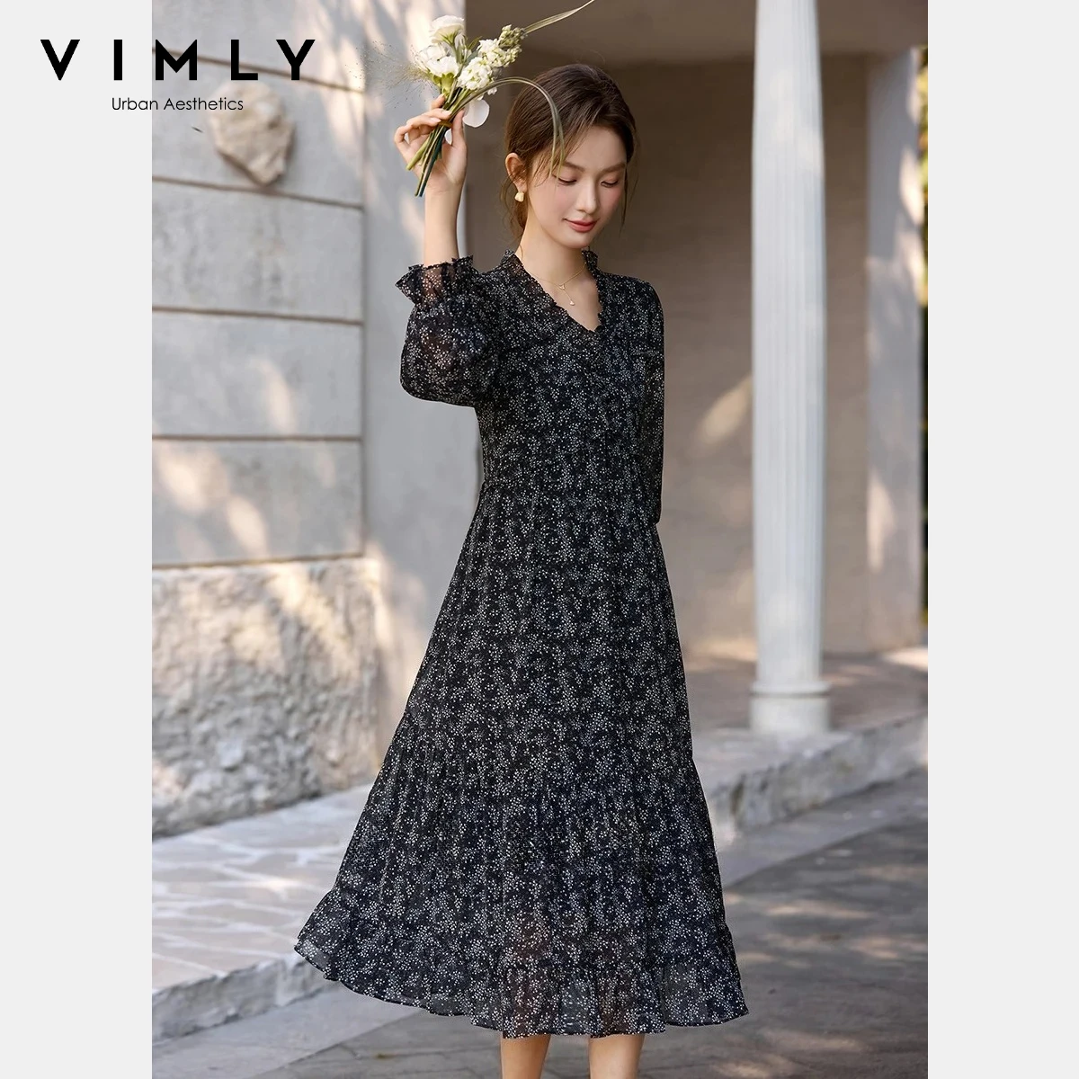 

VIMLY Elegant Floral Dress for Women 2026 Spring New French Black V-Neck Floral Print Ruffle Trim Long Sleeve Midi Dress A3935