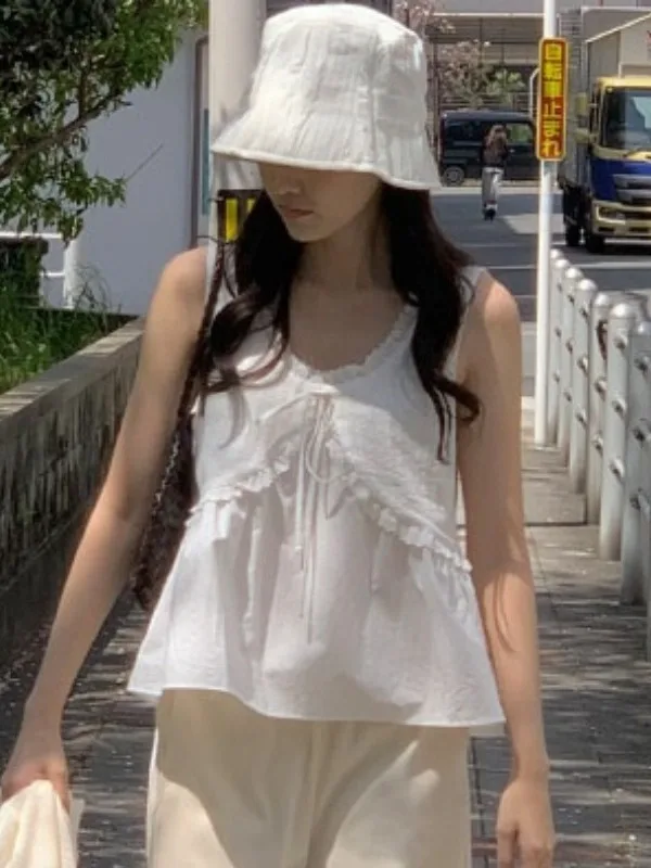 

Chic Lace Trim Vest Women Summer Outerwear Belted Side Zipper Versatile Agel Cute Top Commute Sle Regular Fit Other Mate...