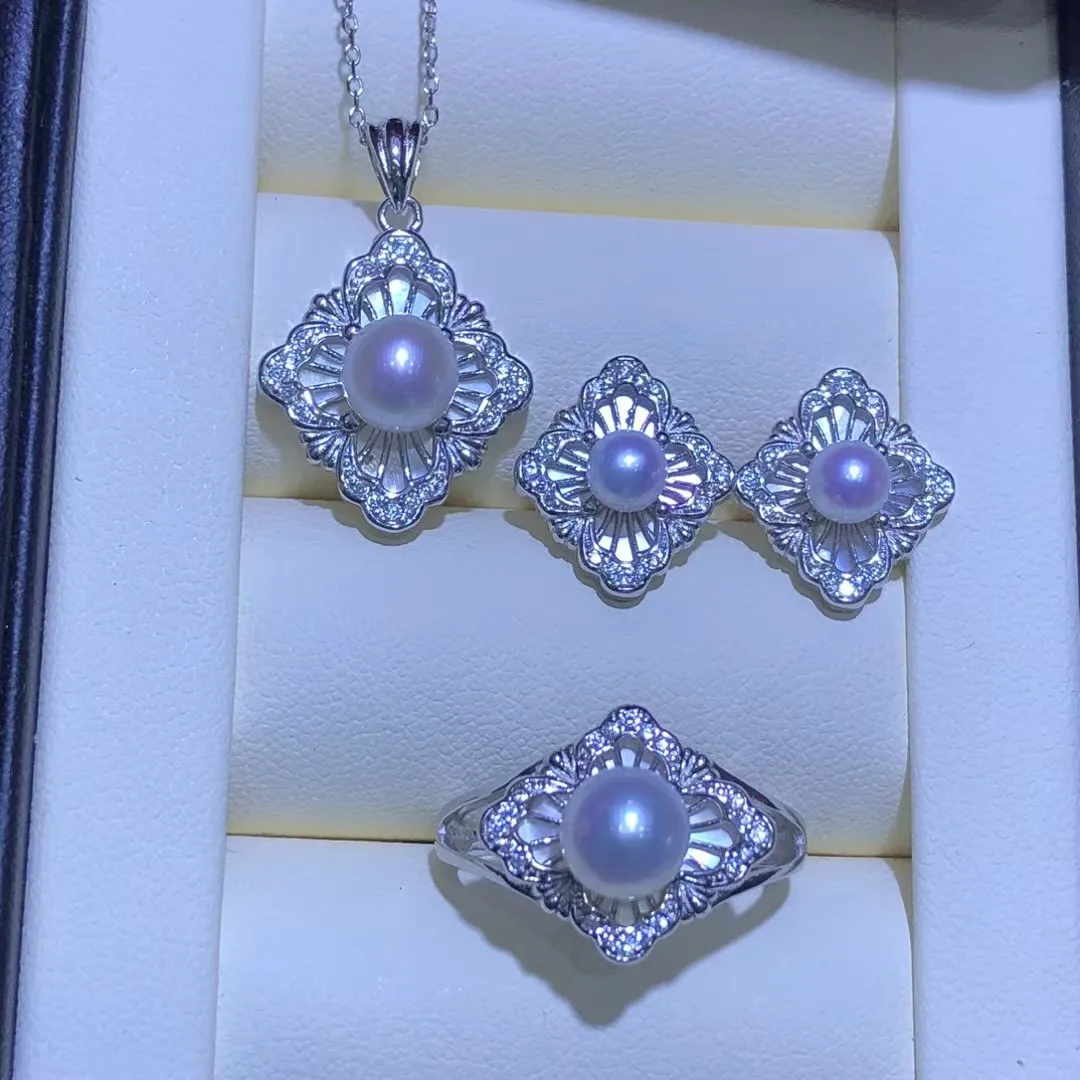 

925 Sterling Silver Pendant Earrings Ring Mountings Findings Base Jewelry Set Mounts Settings Parts for 5-7mm Pearls Beads